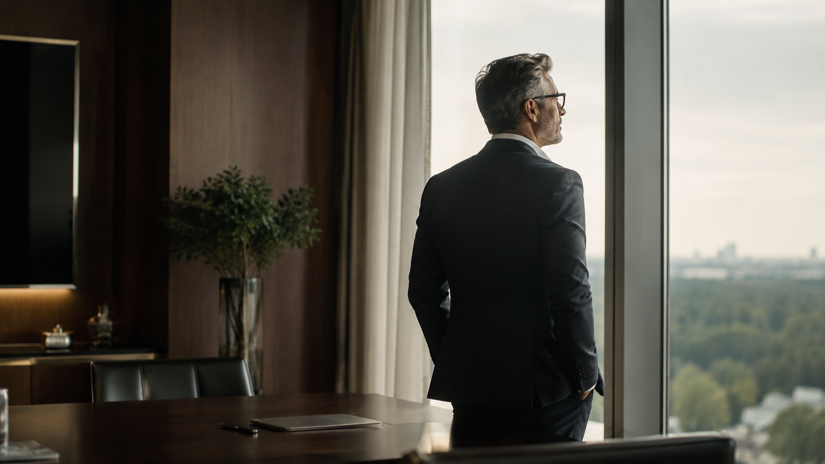 Entrepreneur in executive office looking out of window