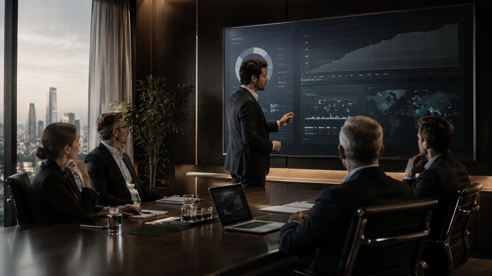 Executive technology company meeting with dashboards